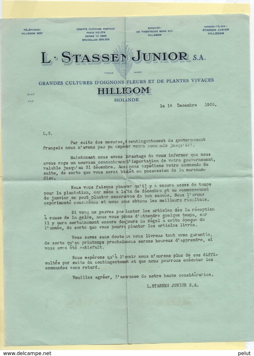 Papier En-tête 1933 Cultures D'oignons à Fleurs Et Plantes Vivaces Hillegom - Netherlands