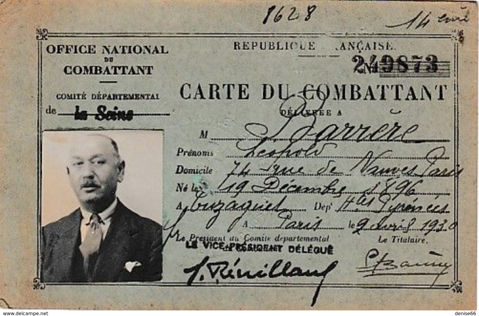 1930 - OFFICE NATIONAL Du COMBATTANT - CARTE DE COMBATTANT - Documenti Storici