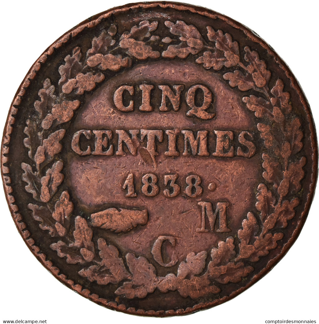 Monnaie, Monaco, Honore V, 5 Centimes, Cinq, 1838, Monaco, TB+, Cuivre, KM:95.2a - Charles III.