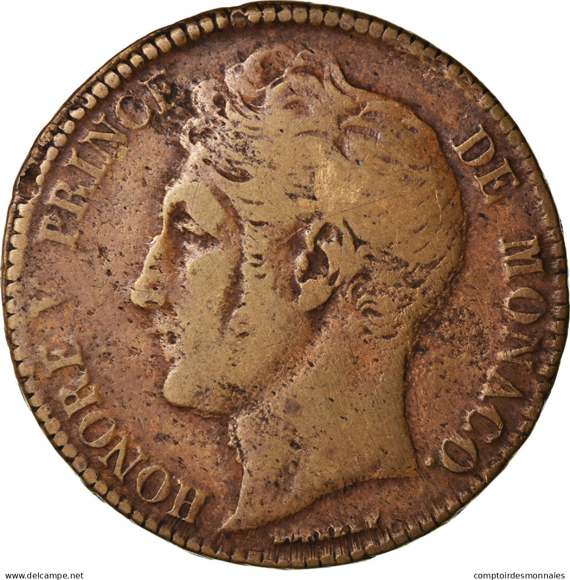 Monnaie, Monaco, Honore V, 5 Centimes, Cinq, 1837, Monaco, Grosse Tête Et - Charles III.