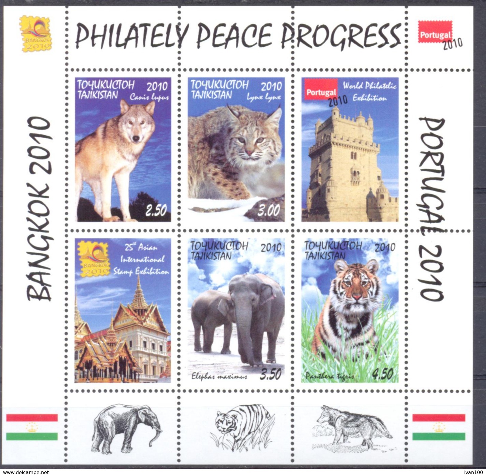 2010. Tajikistan, Animals, Philatelic Exhibitions Bangkok 2010 & Portugal 2010, S/s Perforated, Mint/** - Tadjikistan
