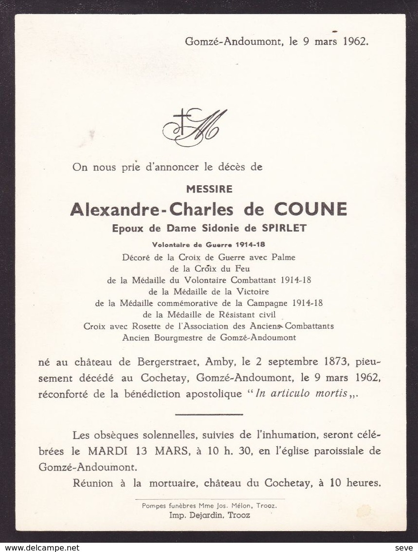 GOMZE-ANDOUMONT AMBY Alexandre De COUNE époux De SPIRLET 1873-1962 Bourgmestre Né Château De BERGERSTRAET A5 - Avvisi Di Necrologio