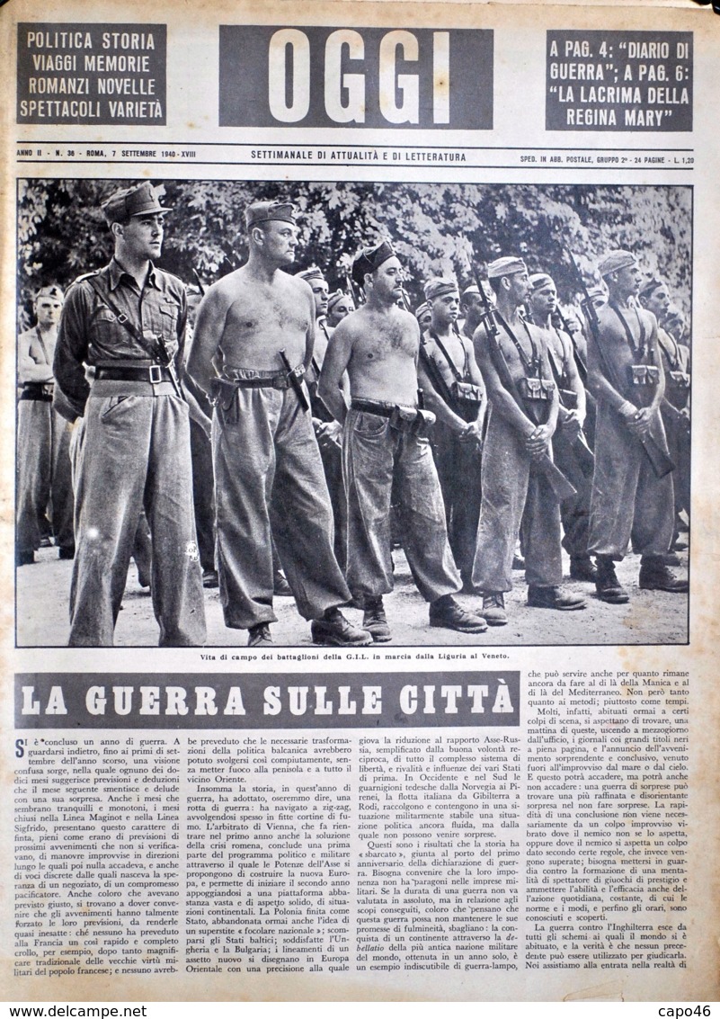 OGGI - ANNO II - N° 36 - 7 SETTEMBRE 1940 - VITA DI CAMPO DEI BATTAGLIONI DELLA G.I.L. IN MARCIA DALLA LIGURIA AL VENETO - War 1939-45