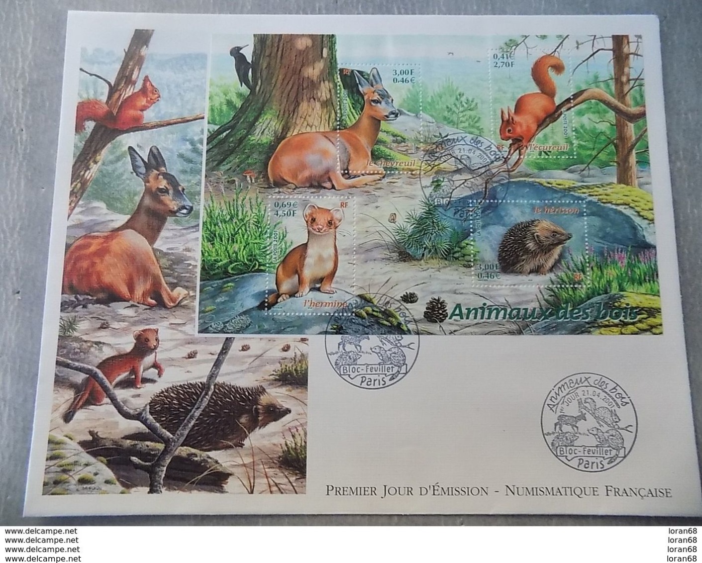 FDC Grand Format France 2001 : Animaux Des Bois (bloc Feuillet) - 2000-2009