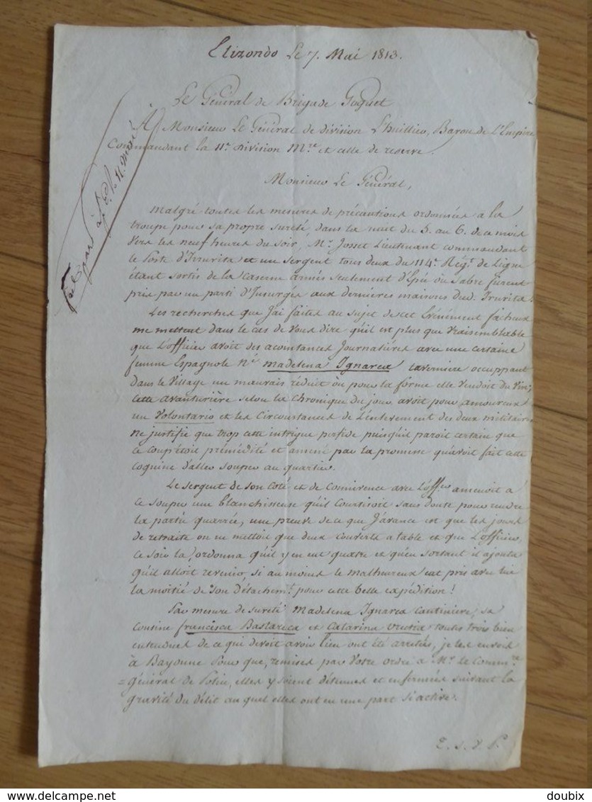 General GOGUET (1813) ESPAGNE Spana IRURITA Baztan ELIZONDO EMPIRE Napoleon - Autographe AUTOGRAFO - Autres & Non Classés