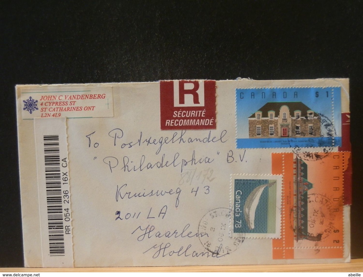 88/172  LETTRE  CANADA  REGISTRED  TO HOLLAND 1990 - Recomendados