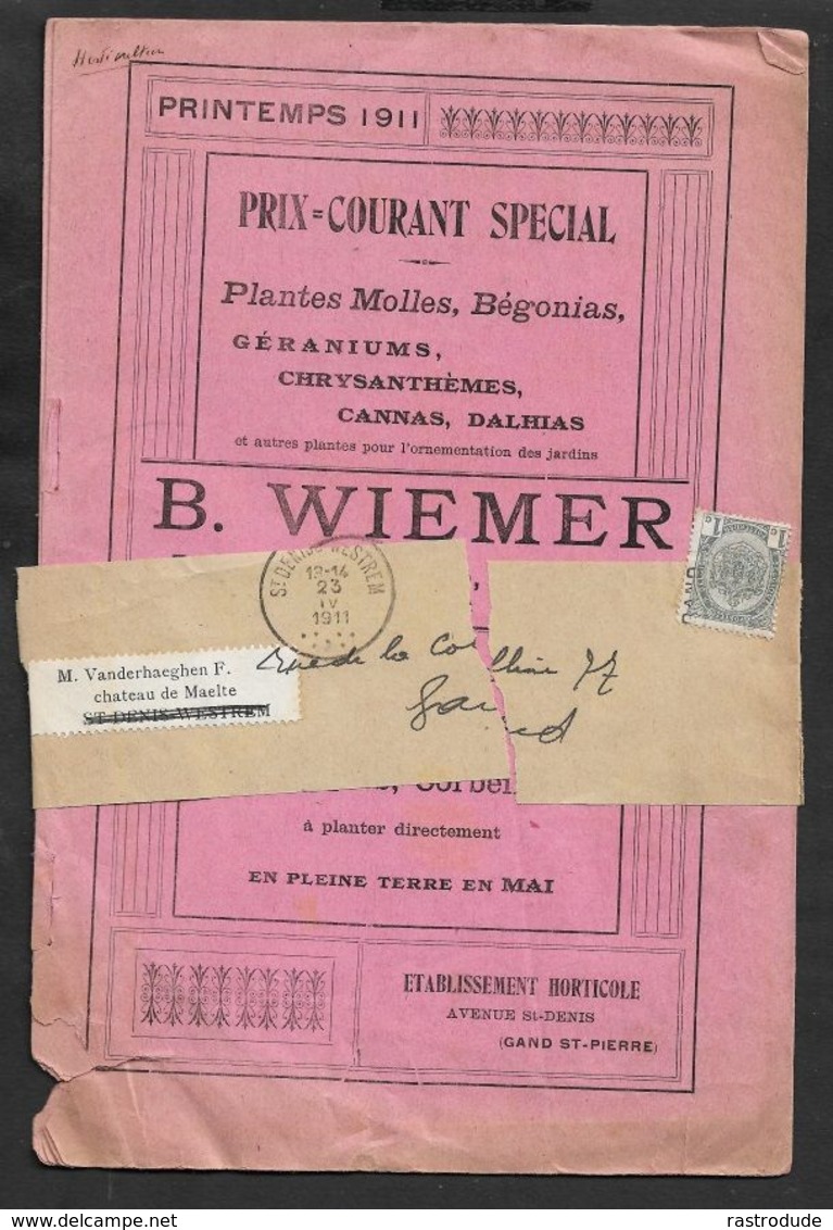 1911 BELGIQUE - PRÉOBLITÉRÉ 2C ST.DENIS WESTREM  IMPRIMÉ ILLUSTRÉ PUBLICITÉ  - PLANTES POUR GARNITURE, HORTICOLE, FLEURS - Rollenmarken 1910-19