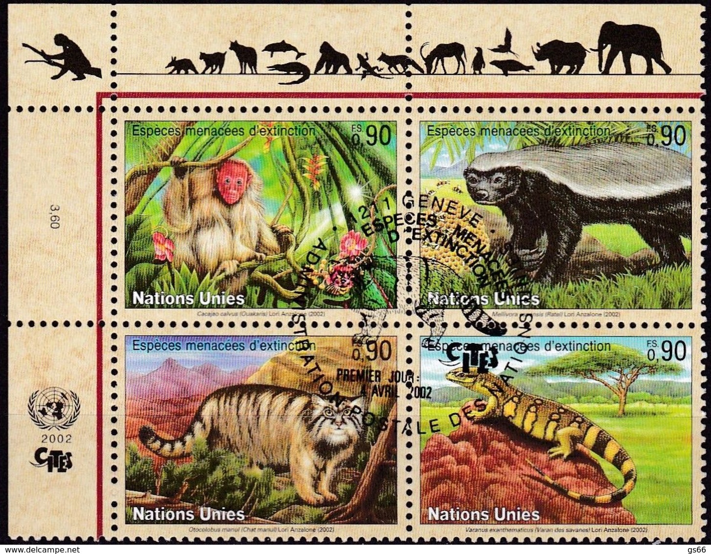 UNO-Genf, 2002, 434/37,  Gefährdete Arten (X): Fauna. Used First Day - Used Stamps