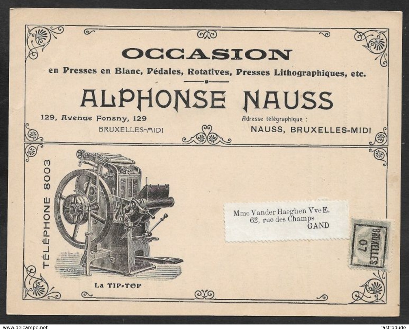 1907 BELGIQUE - PRÉOBLITÉRÉ 1c A GAND  - IMPRIMÉ ILLUSTRÉ PUBLICITÉ  - PRESSE LITHOGRAPHIQUES, PRESSE - Rolstempels 1900-09