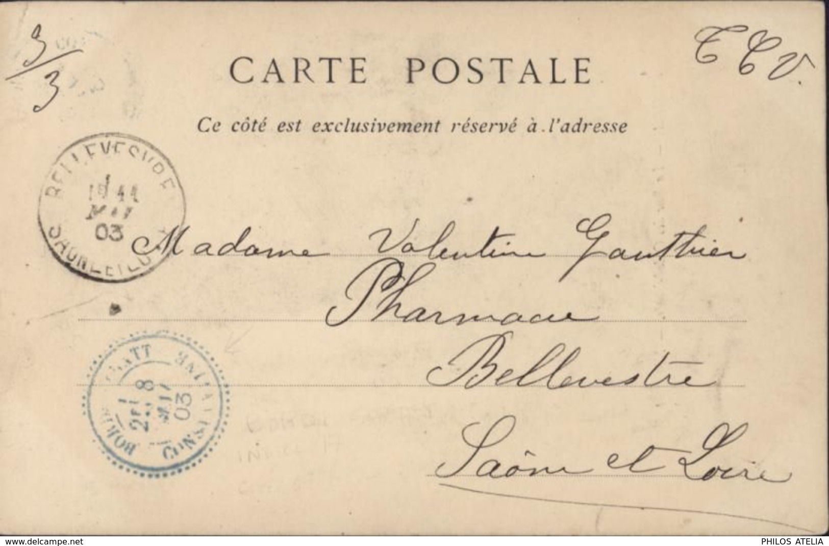 Algérie CP Biskra YT Fr Mouchon 124 CAD Bleu Perlé Bordj Sabath ConstantineFacteur Boitier Arrivée Bellevesvre 1903 - 1877-1920: Période Semi Moderne