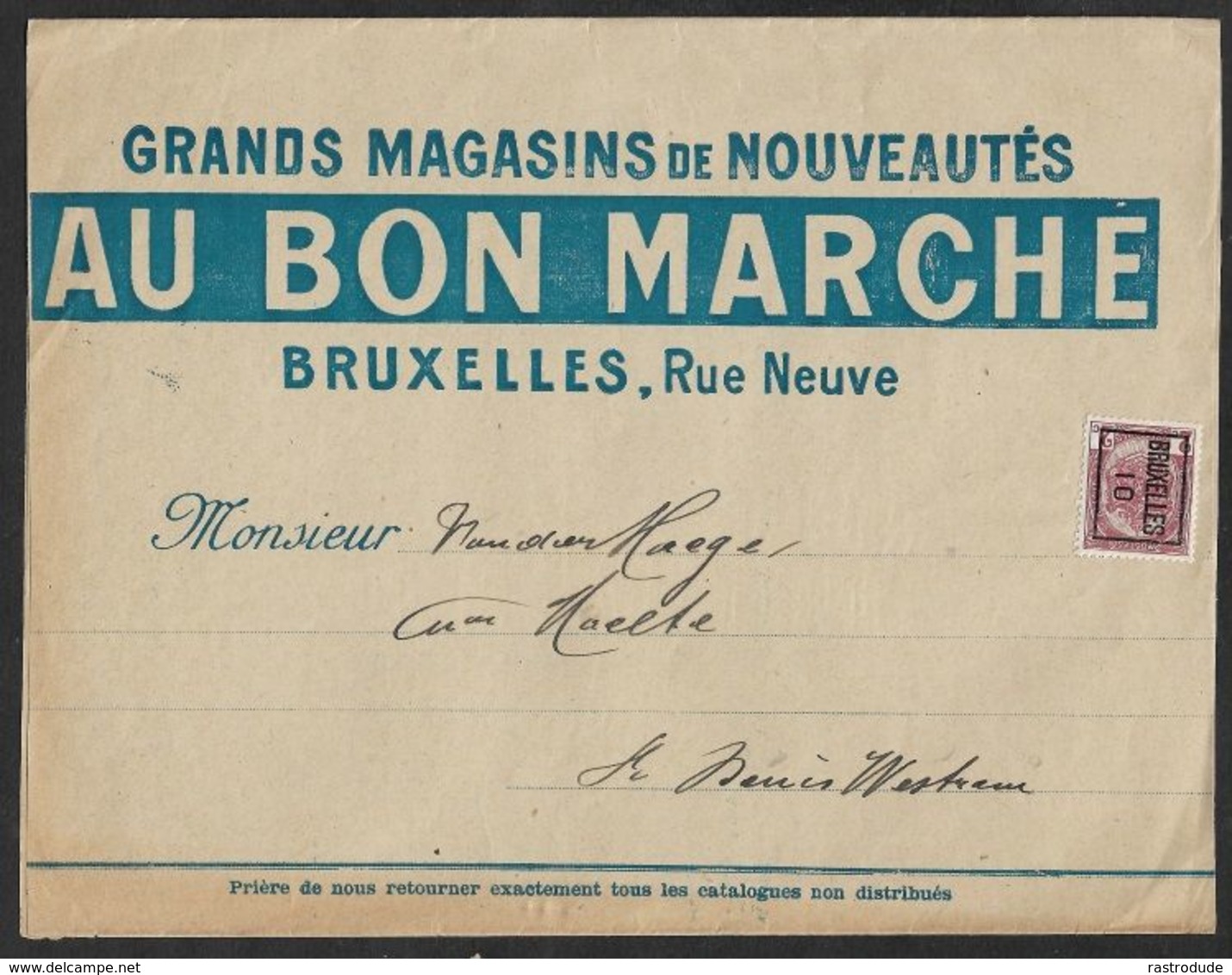 1901 BELGIQUE - PRÉOBLITÉRÉ 2C A ST.DENIS WESTREM  - BANDE ILLUSTRÉ PUBLICITÉ  - MAGASINS DE NOUVEAUTÉS, AU BON MARCHÉ - Roulettes 1900-09