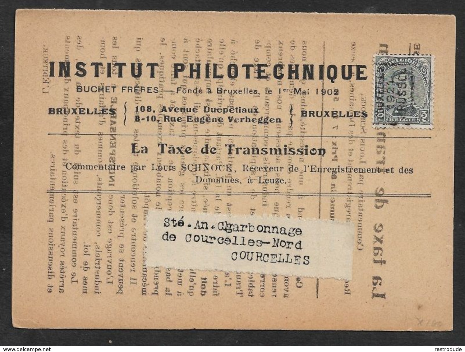 1921 BELGIQUE - PRÉOBLITÉRÉ 3C A COURCELLES  - CARTE ILLUSTRÉ PUBLICITÉ  - INSTITUT PHILOTECHNIQUE, - Rollenmarken 1920-29