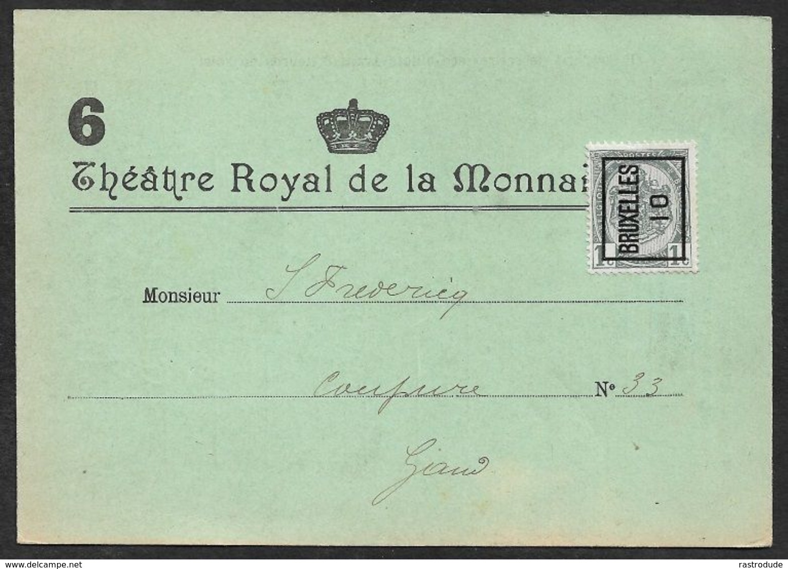 1910 BELGIQUE - PRÉOBLITÉRÉ CP A GAND  - IMPRIMÉ ILLUSTRÉ PUBLICITÉ  - THEATRE ROYAL DE LA MONNAIE - PIÈCE DE THÉÂTRE - Rolstempels 1910-19
