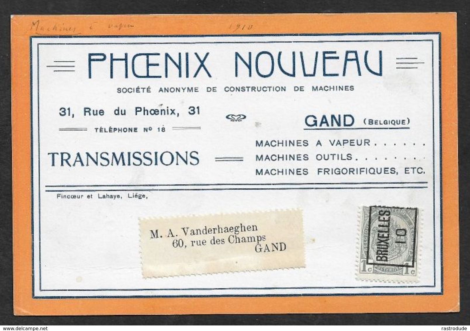 1901 BELGIQUE - PRÉOBLITÉRÉ CP A GAND  - IMPRIMÉ ILLUSTRÉ PUBLICITÉ  - CONSTRUCTION DE MACHINES A VAPEUR - Roulettes 1900-09