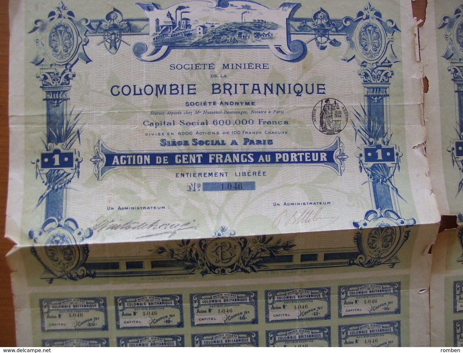 RARE - LOT DE 2 ACTIONS DE CENT FRANCS AU PORTEUR - SOCIÉTÉ MINIÈRE DE LA COLOMBIE BRITANNIQUE - BELLE GRAVURE - Other & Unclassified