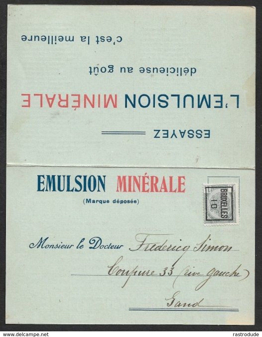 1910 BELGIQUE - PRÉOBLITÉRÉ 1C A GAND IMPRIMÉ ILLUSTRÉ PUBLICITÉ  EMULSION MINÉRALE - PHOSPHATES, CARBONATES, FLUORURES - Roller Precancels 1910-19