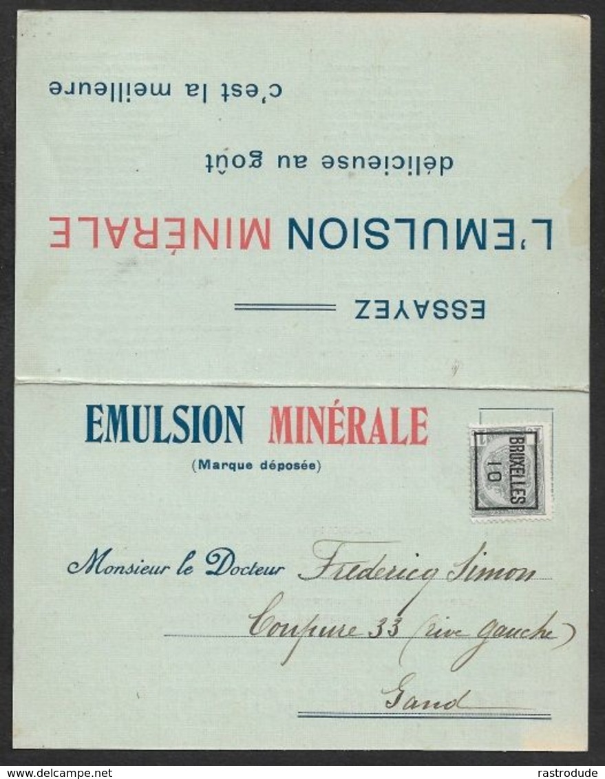 1910 BELGIQUE - PRÉOBLITÉRÉ 1C A GAND IMPRIMÉ ILLUSTRÉ PUBLICITÉ  EMULSION MINÉRALE - PHOSPHATES, CARBONATES, FLUORURES - Roulettes 1910-19