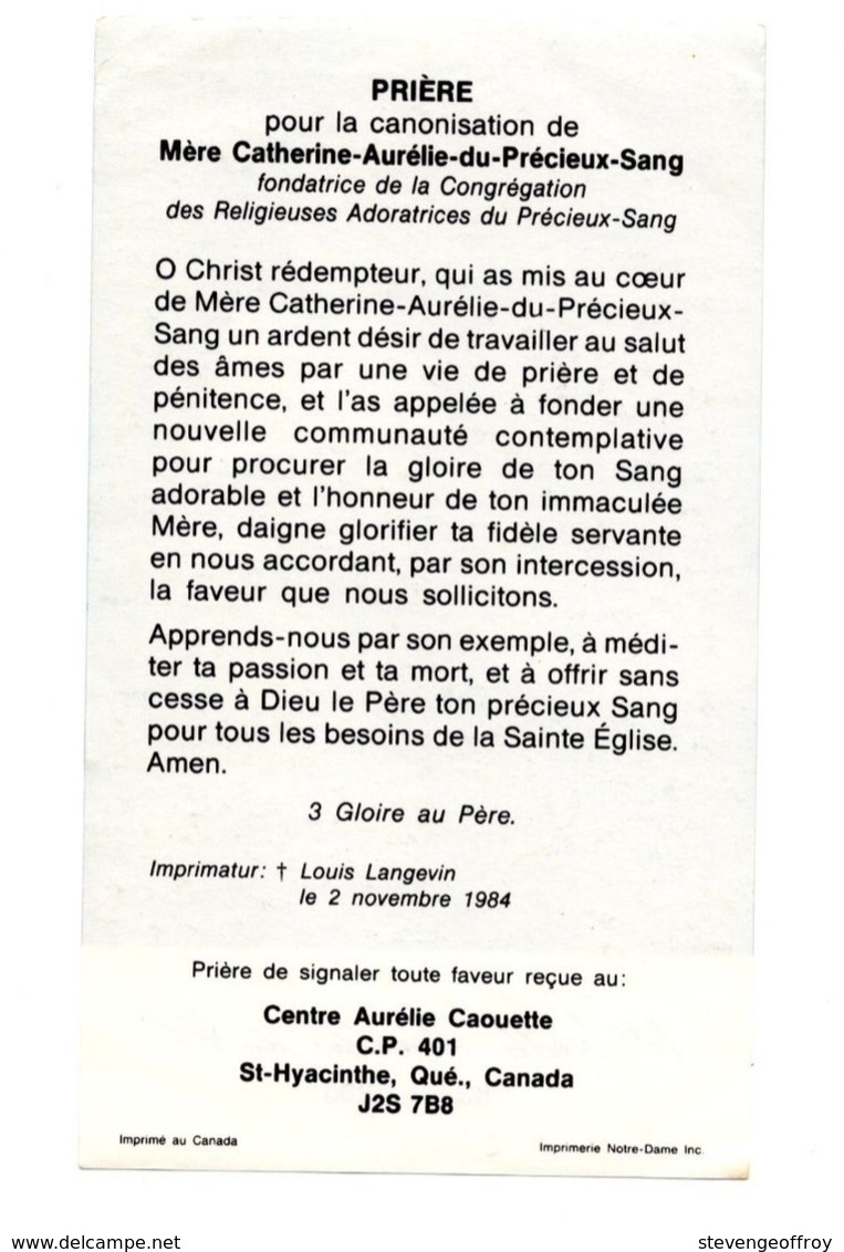 Image Pieuse Croyance Religion Priere Mere Catherine Aurelie Precieux Sang Congregation 1984 Dieu Notre Dame Adoratrices - Santini