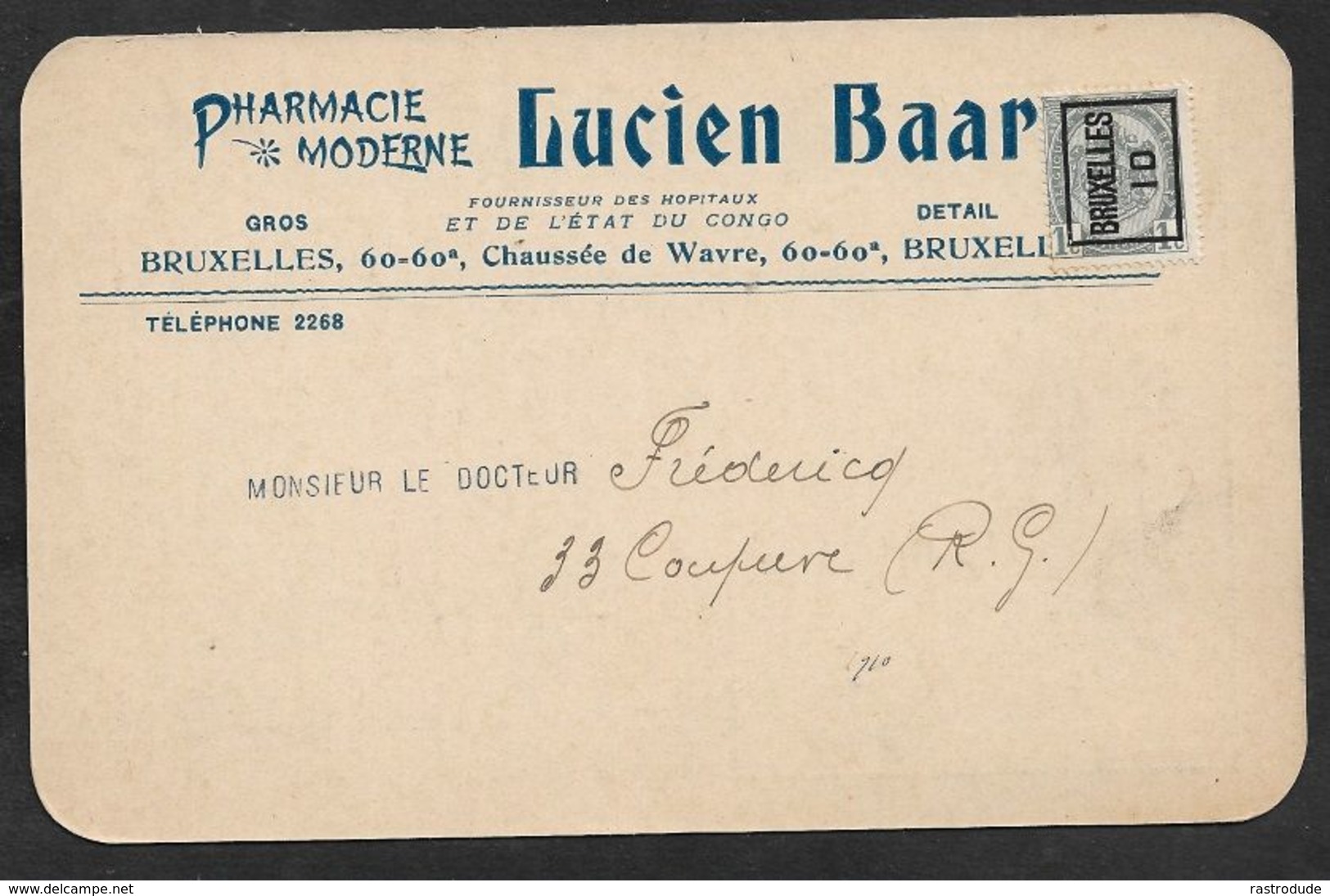 1910 BELGIQUE - PREOBL. 1C - IMPRIMÉ ILLUSTRÉ PUBLICITÉ  - PHARMACIE MODERNE - PULVÉRISATEUR - AFFECTIONS NEZ & GORGE - Roulettes 1910-19