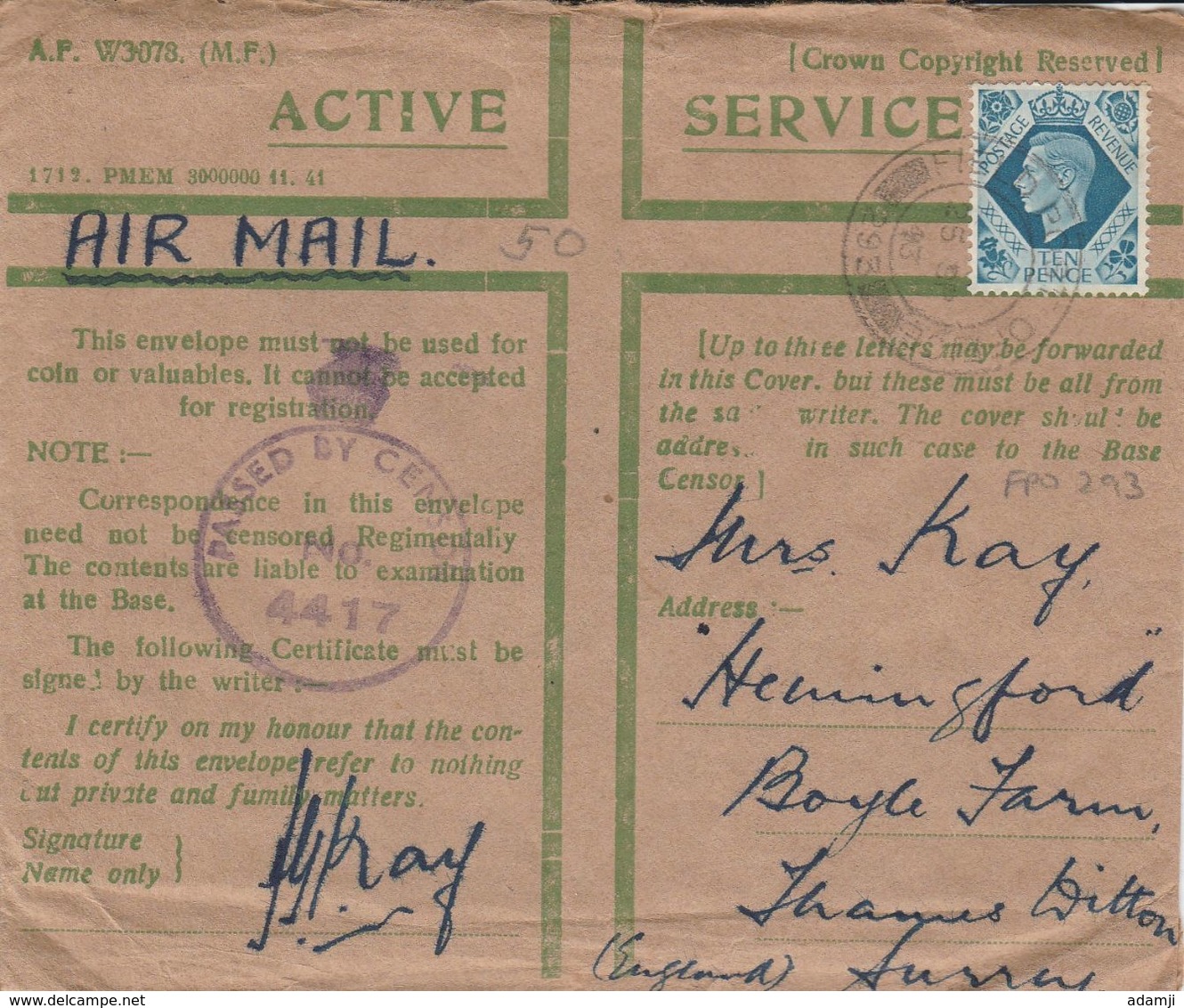 GB 1943 CENSORED COVER - Lettres & Documents