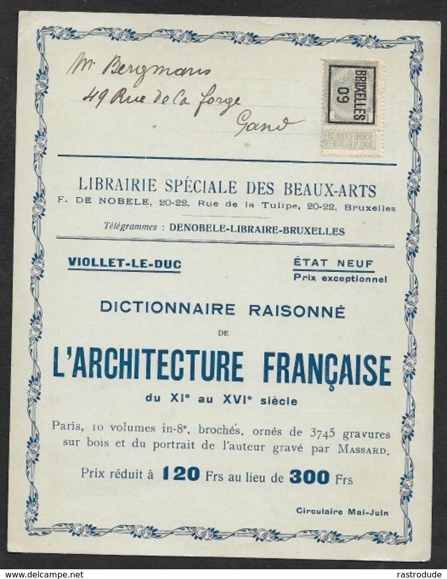 1909 BELGIQUE - PRÉOBLITÉRÉ 1C A GAND - IMPRIMÉ ILLUSTRÉ PUBLICITÉ  - LIBRAIRE SPÉCIALE DES BEAUX ARTS - ART DECÓRATIF - Rollini 1900-09