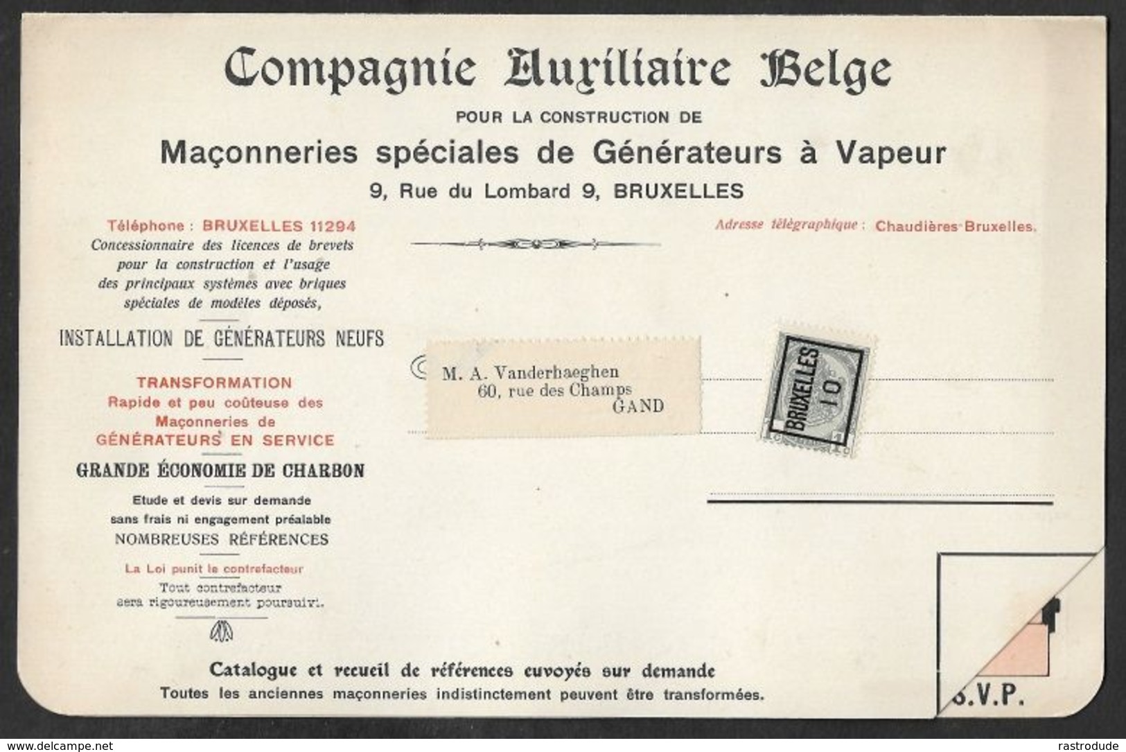 1910 BELGIQUE - PRÉOBLITÉRÉ 1C A GAND IMPRIMÉ ILLUSTRÉ PUBLICITÉ  - GENERATEURS A VAPEUR - CHAUDIÈRE - CHAMBRE DE VAPEUR - Roller Precancels 1910-19