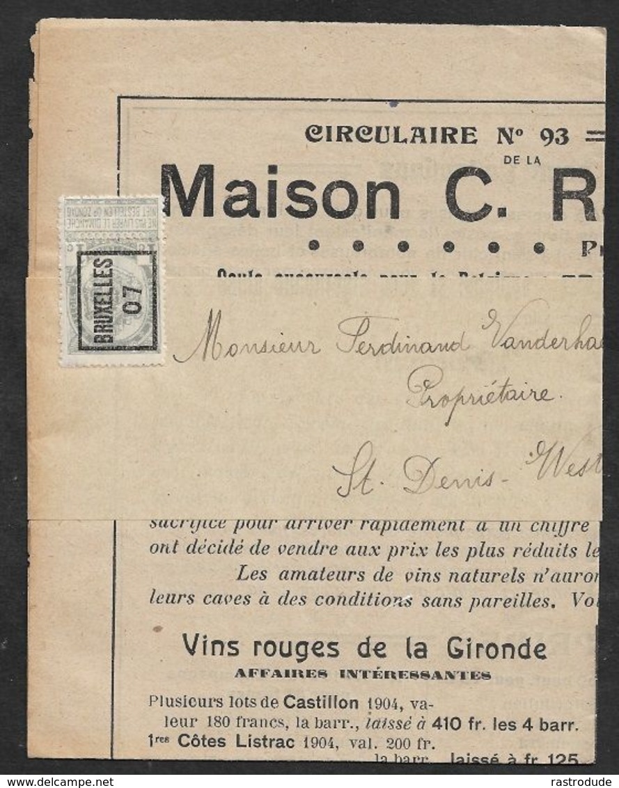 1907 BELGIQUE - PRÉOBLITÉRÉ 1C A ST. DENIS WESTREM - BANDE  - VINS ROUGE DE LA GIRONDE & BOURGOGNE - Rollenmarken 1900-09