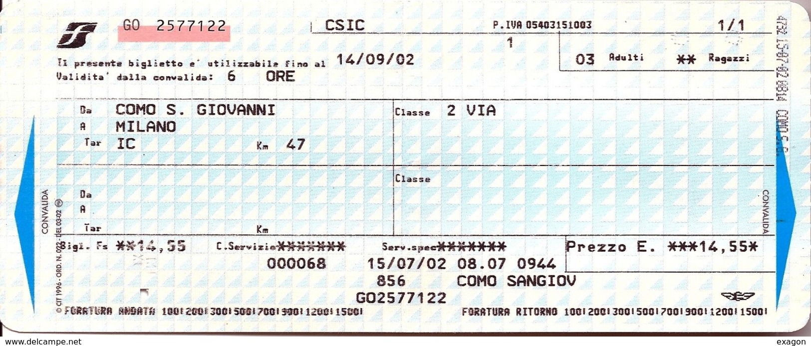 Biglietto  Treno  UTILIZZATO   -  Como S. Giovanni  / Milano -  Del  14 Sett. 2002. - Europa