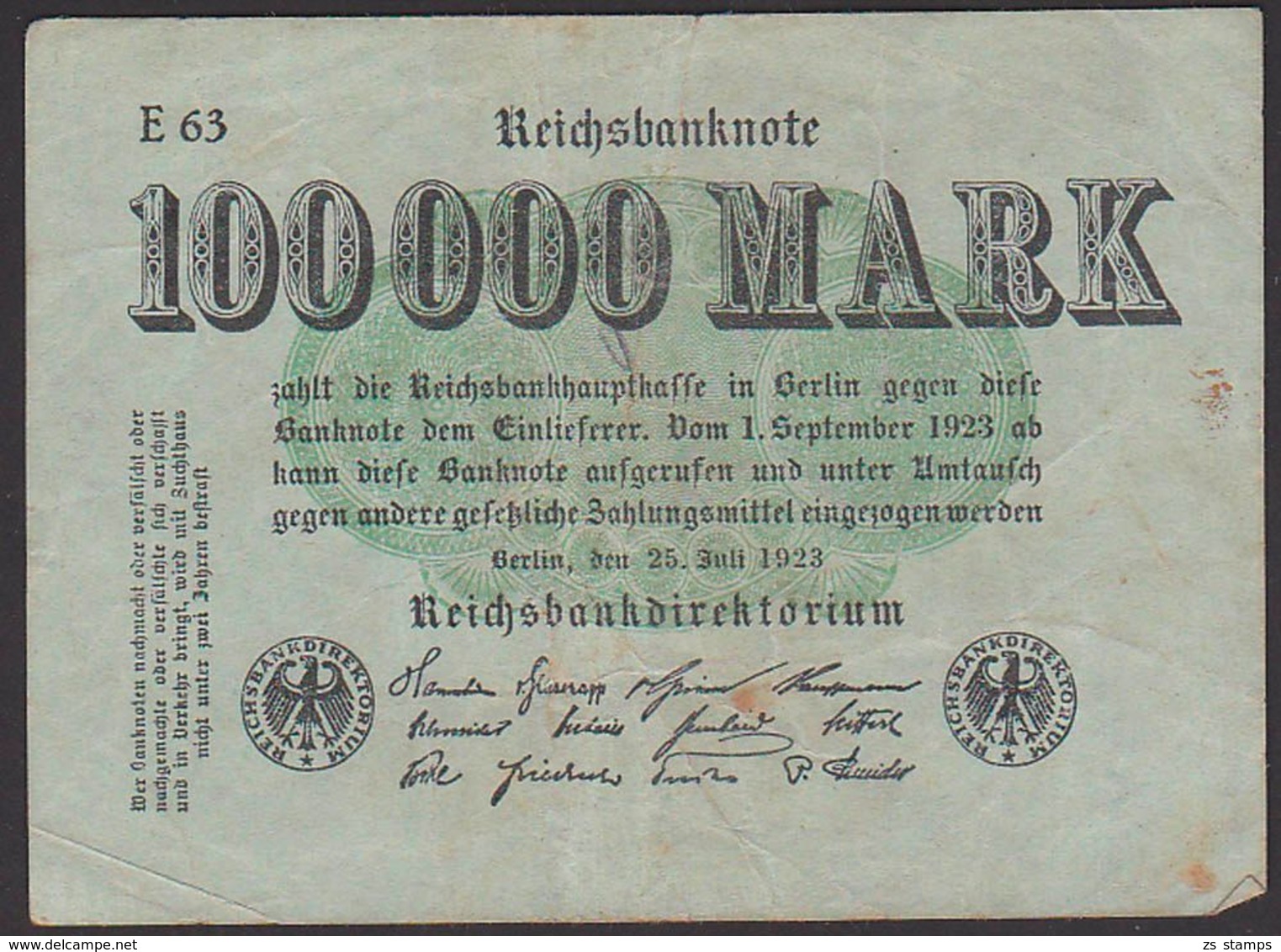 Reichsbanknote 100.000 Mark Vom 25.7. 1923 Serie E, Inflation - 100.000 Mark