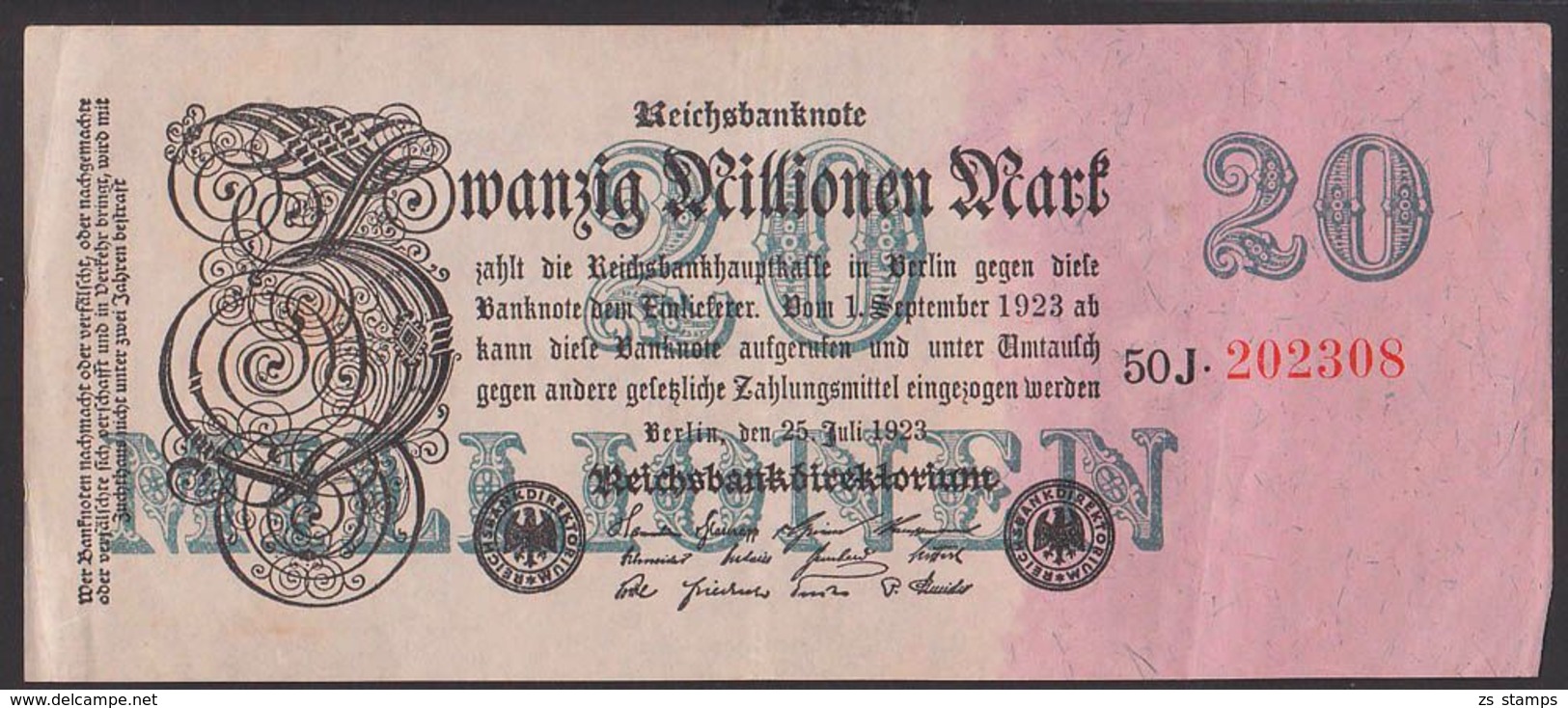 Reichsbanknote 20 Millionen Mark, Ausgabe 25. Juli 1923, Serie 50J - 20 Millionen Mark