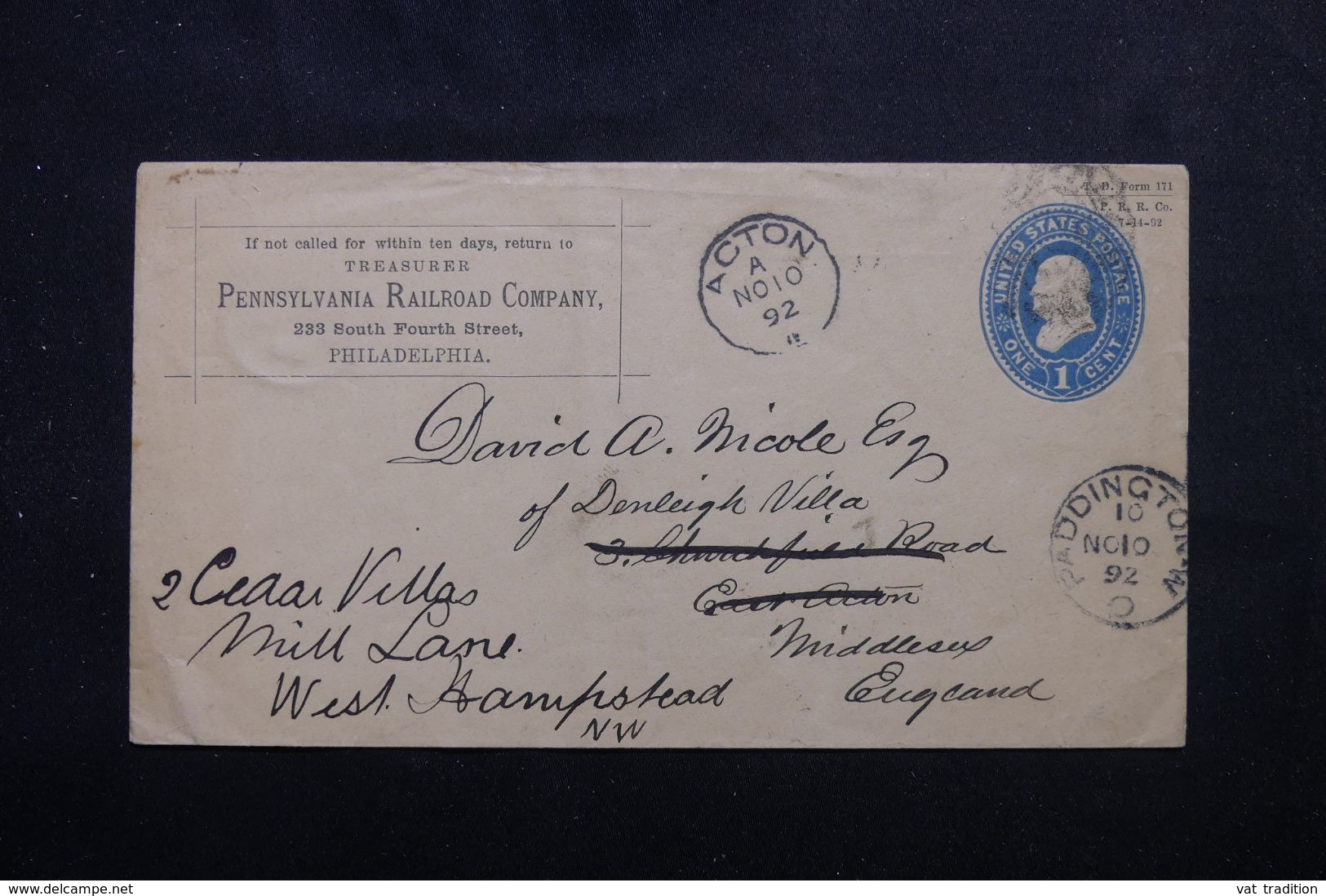 ETATS UNIS - Entier Postal Commercial De Philadelphie Pour Acton Et Redirigé Vers Paddingtown En 1892 - L 63011 - ...-1900