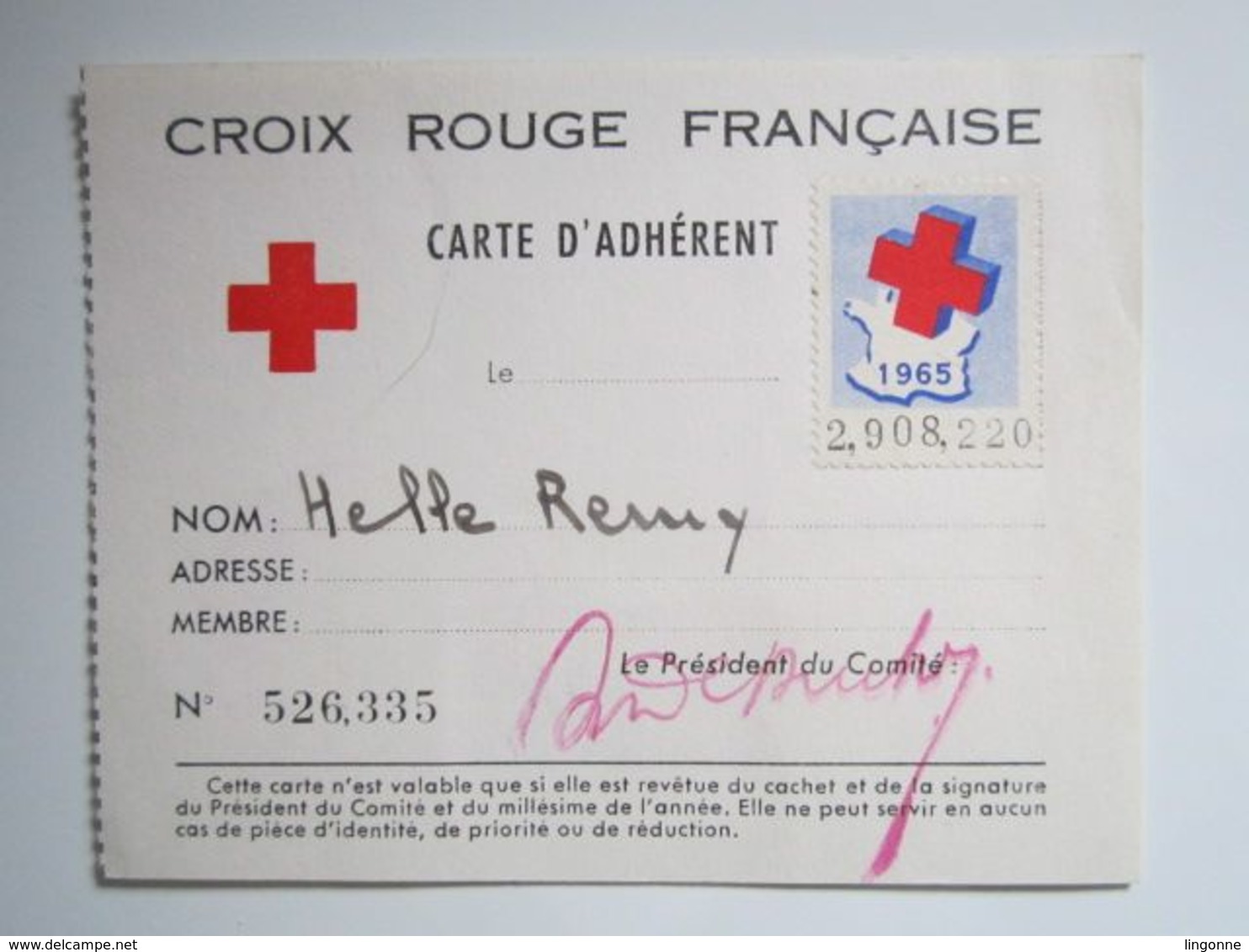 Carte D'Adhérent "Croix Rouge Française" Avec Vignette 1965, Cachet "Croix Rouge, Comité De REMIREMONT (88)" - Rode Kruis