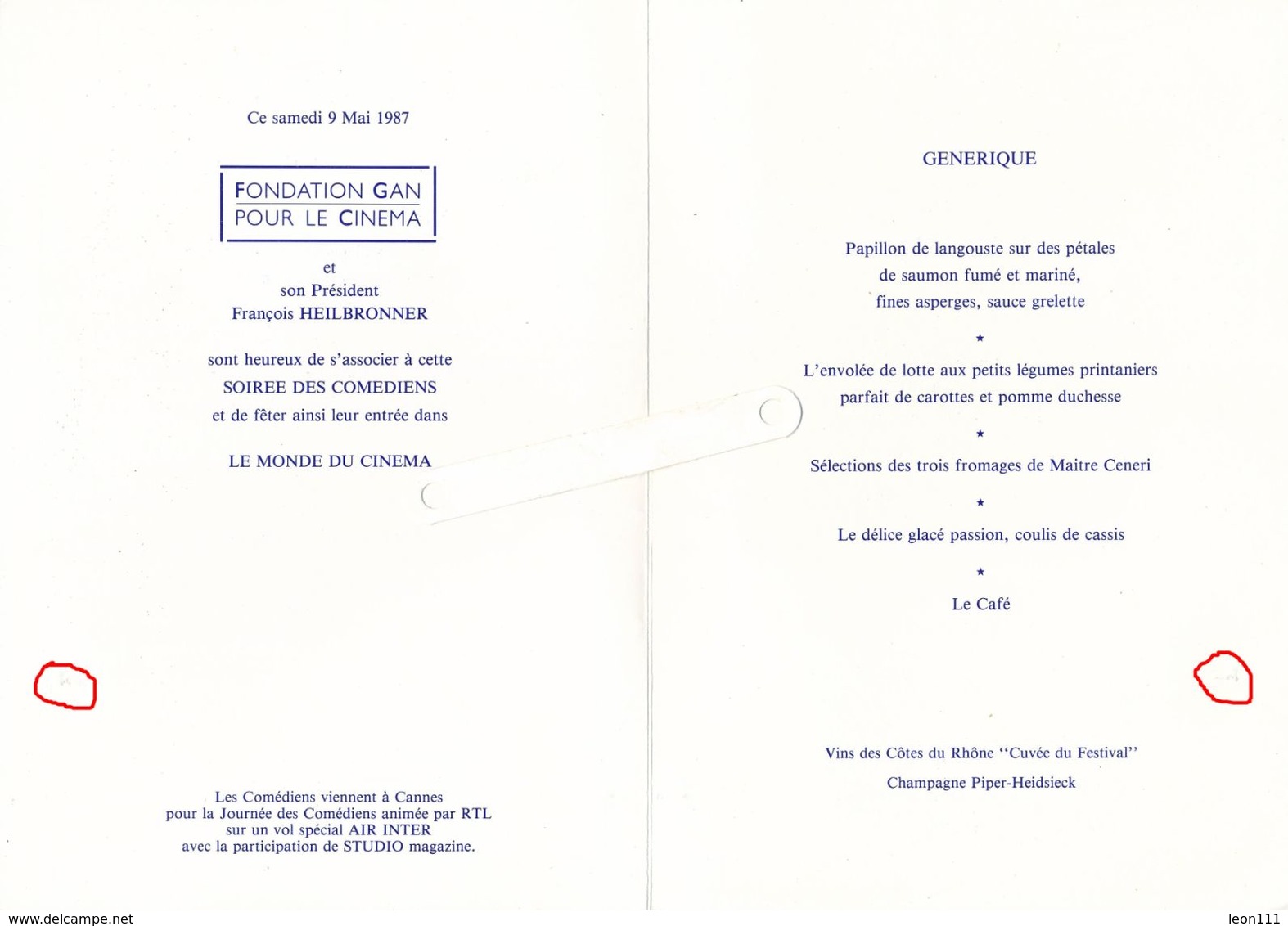 Menu 1987 - 40ème Festival De Cannes - Les Comédiens - Champagne Piper-Heidsieck - Menus