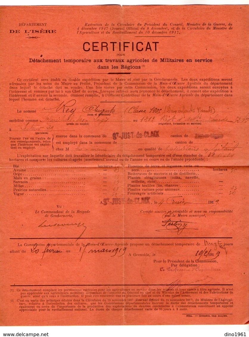 VP17.171 - MILITARIA - GRENOBLE X SAINT JUST DE CLAIX 1919 - Certificat - Soldat A. REY Du 121 è Rgt D'Artillerie Lourde - Documents