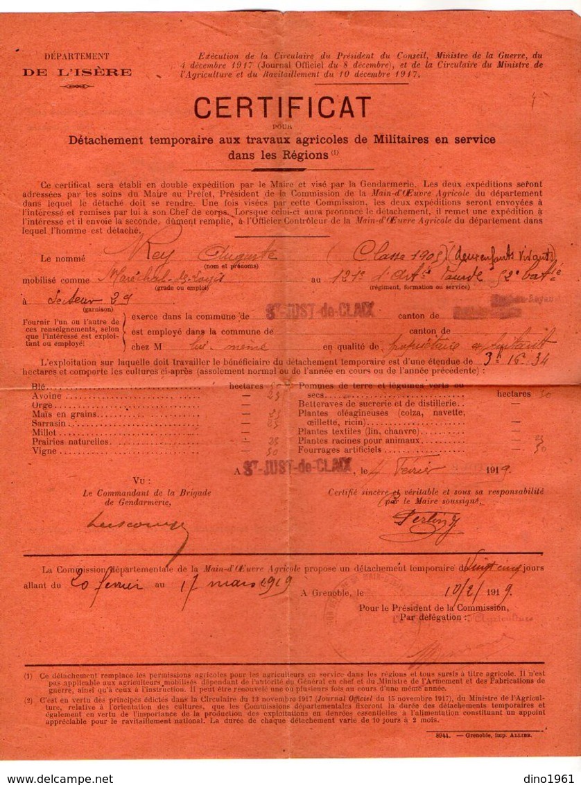 VP17.172 - MILITARIA - GRENOBLE X SAINT JUST DE CLAIX 1919 - Certificat - Soldat A. REY Du 121 è Rgt D'Artillerie Lourde - Documenten