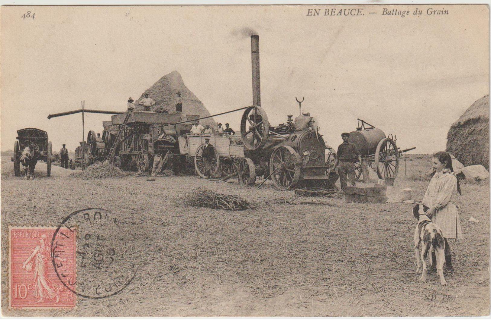 CPA    28  EN BEAUCE BATTAGE DU GRAIN   NOGENT LE ROI  27/08/1906 DEPART POUR PARIS - Nogent Le Roi