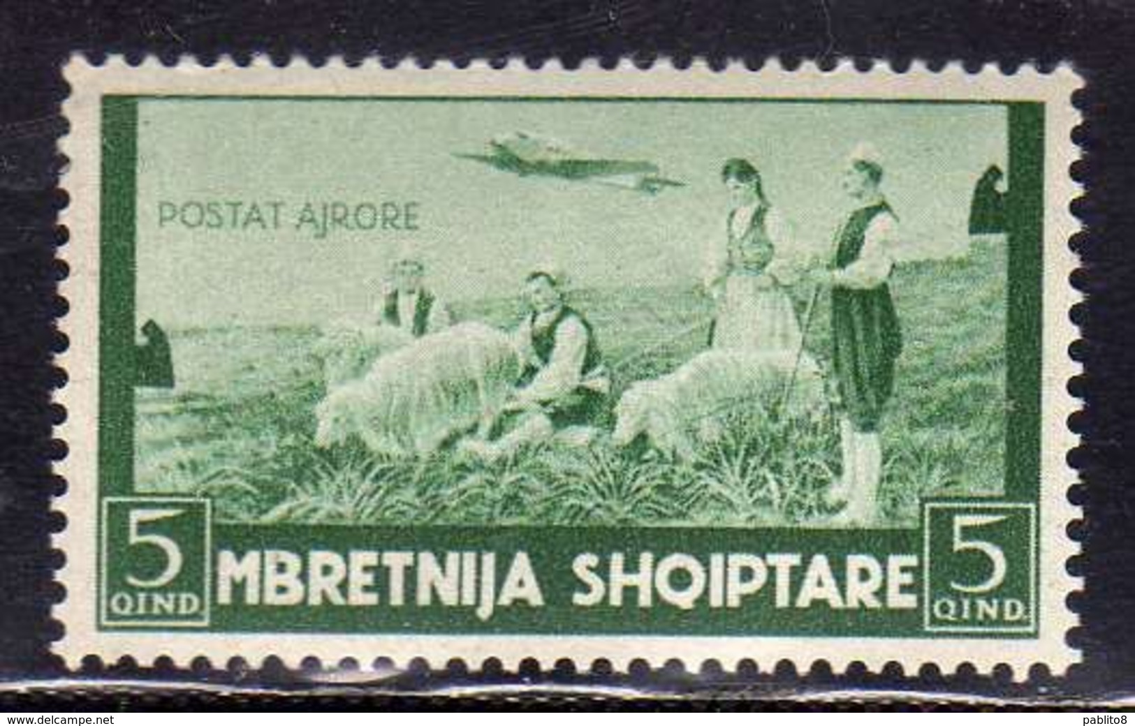 ALBANIA 1940 POSTA AEREA AIR MAIL PASTORI CON PECORE SHEPHERDS WITH SHEEP 5q MNH - Albania