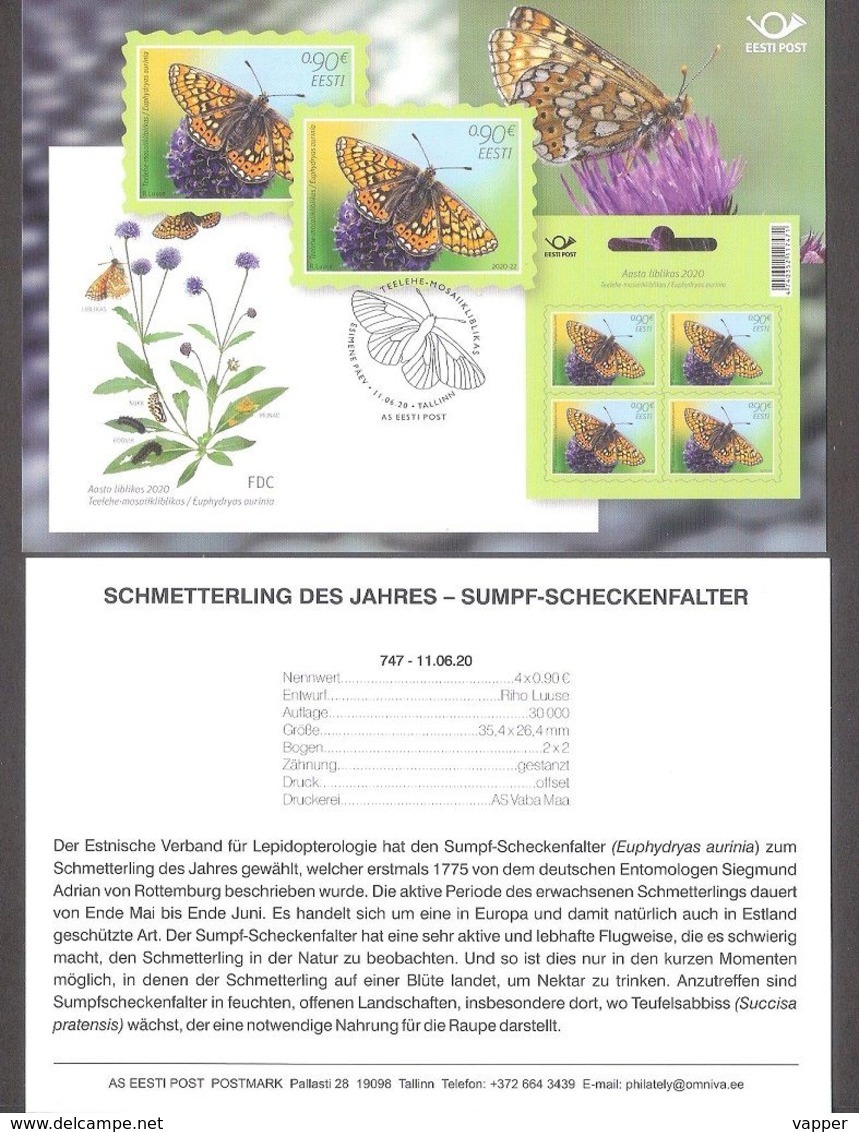 Butterfly Of The Year Estonia 2020  Stamp  Presentation Card (germ) Mi 992 - Estonia