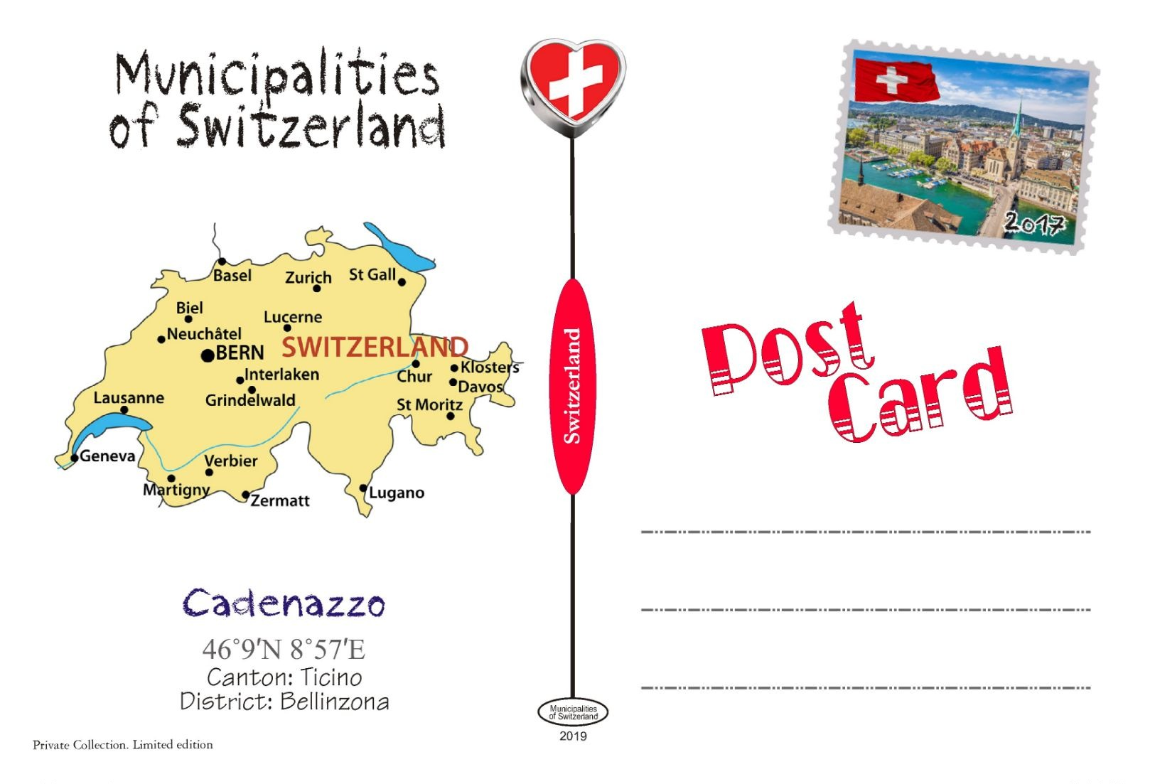 Postcard, REPRODUCTION, Municipalities Of Switzerland, Cadenazzo 2 - Carte Geografiche