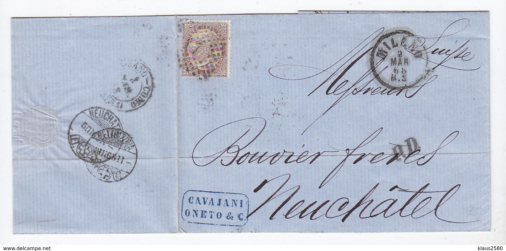 Italien 1868 Brief Von Mailand Nach Neuchatel Mit EF+Bahnpoststempel - Altri & Non Classificati