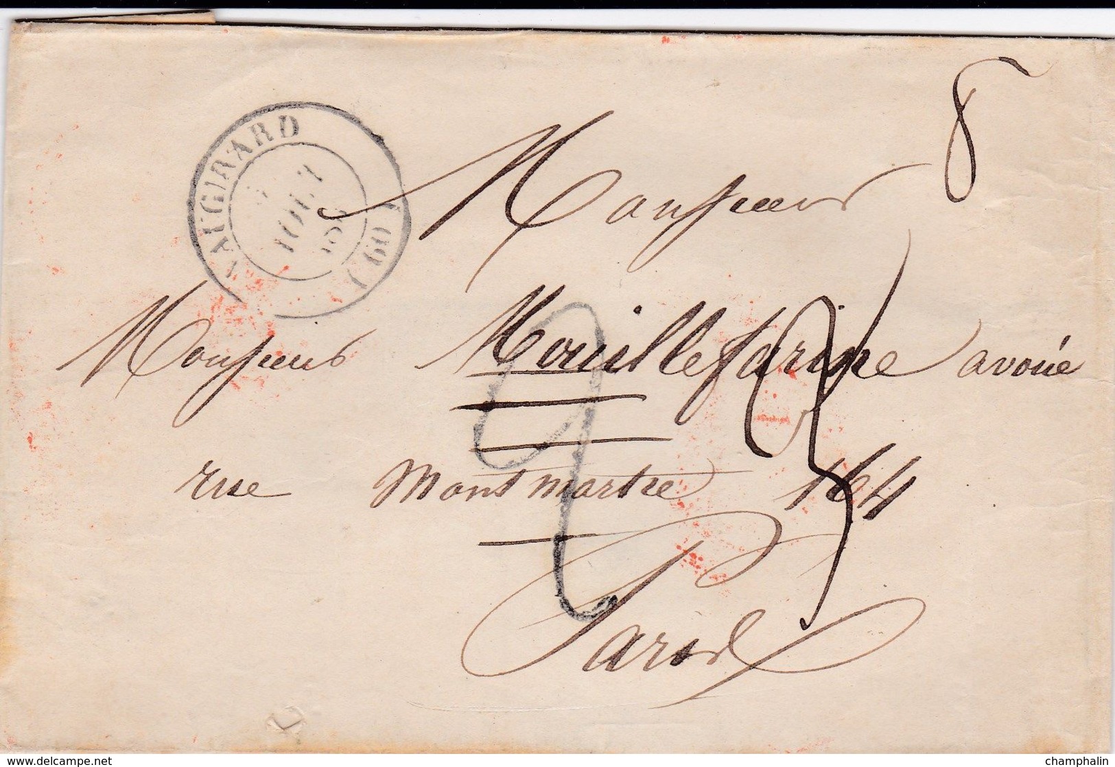 PSC De Vaugirard (75) Pour Paris (75) - 5 Août 1844 - CAD Rond Type 14 & 15 Paris 17 Troisième Rouge - TM 2 Barrée 3 - 1801-1848: Precursors XIX