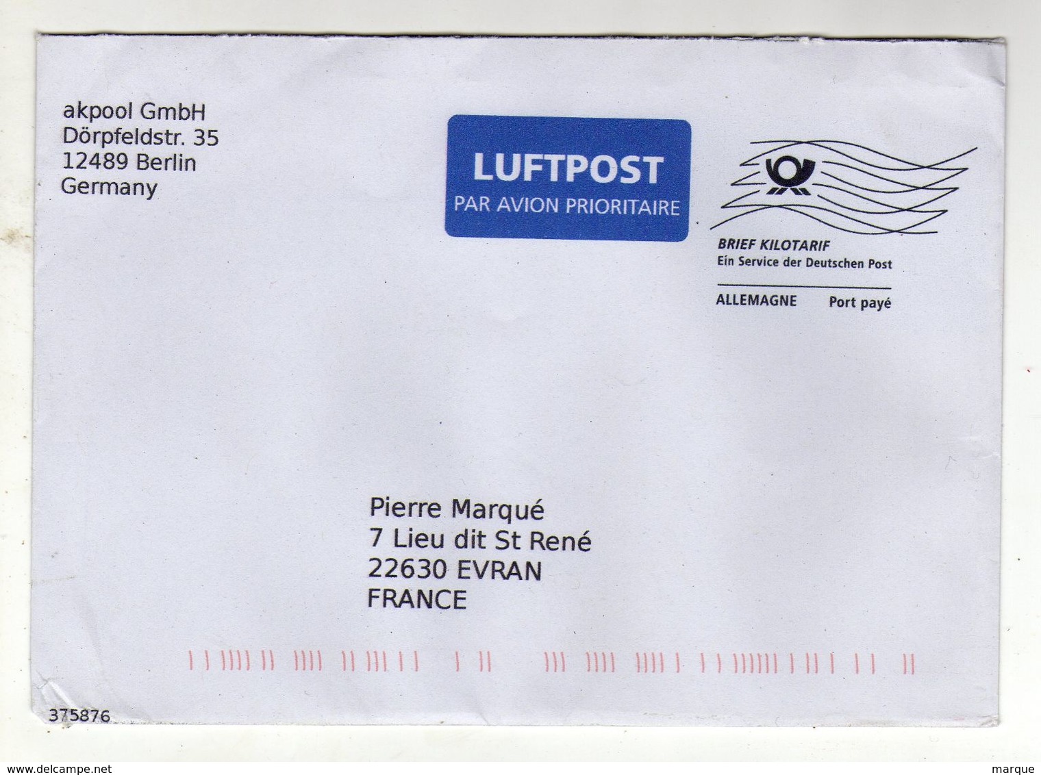 Enveloppe DEUTSCHE BUNDENPOST ALLEMAGNE Oblitération BRIEF KILOTARIF Port Payé - Máquinas Franqueo (EMA)