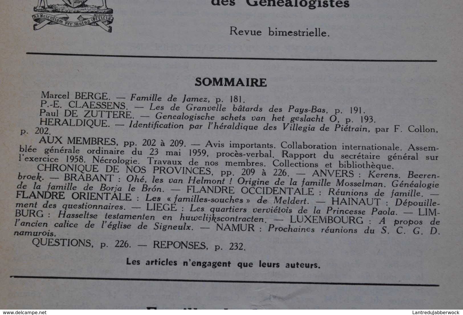 L'INTERMEDIAIRE DES GENEALOGISTES 82 1959 Généalogie Héraldique DE JAMEZ Villegia De Piétrain DE GRANVELLE Geslacht "O" - Storia