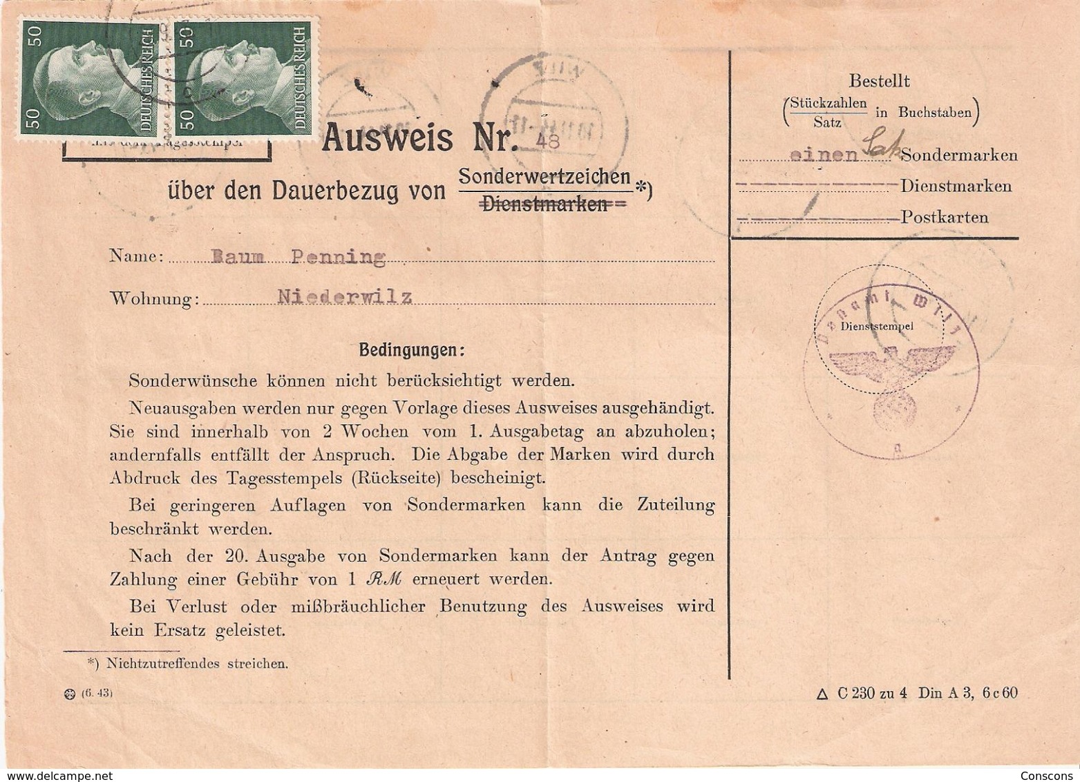 Ausweis über Den Dauerbezug Von Sonderwertzeichen: Postamt Wilz - 1940-1944 German Occupation