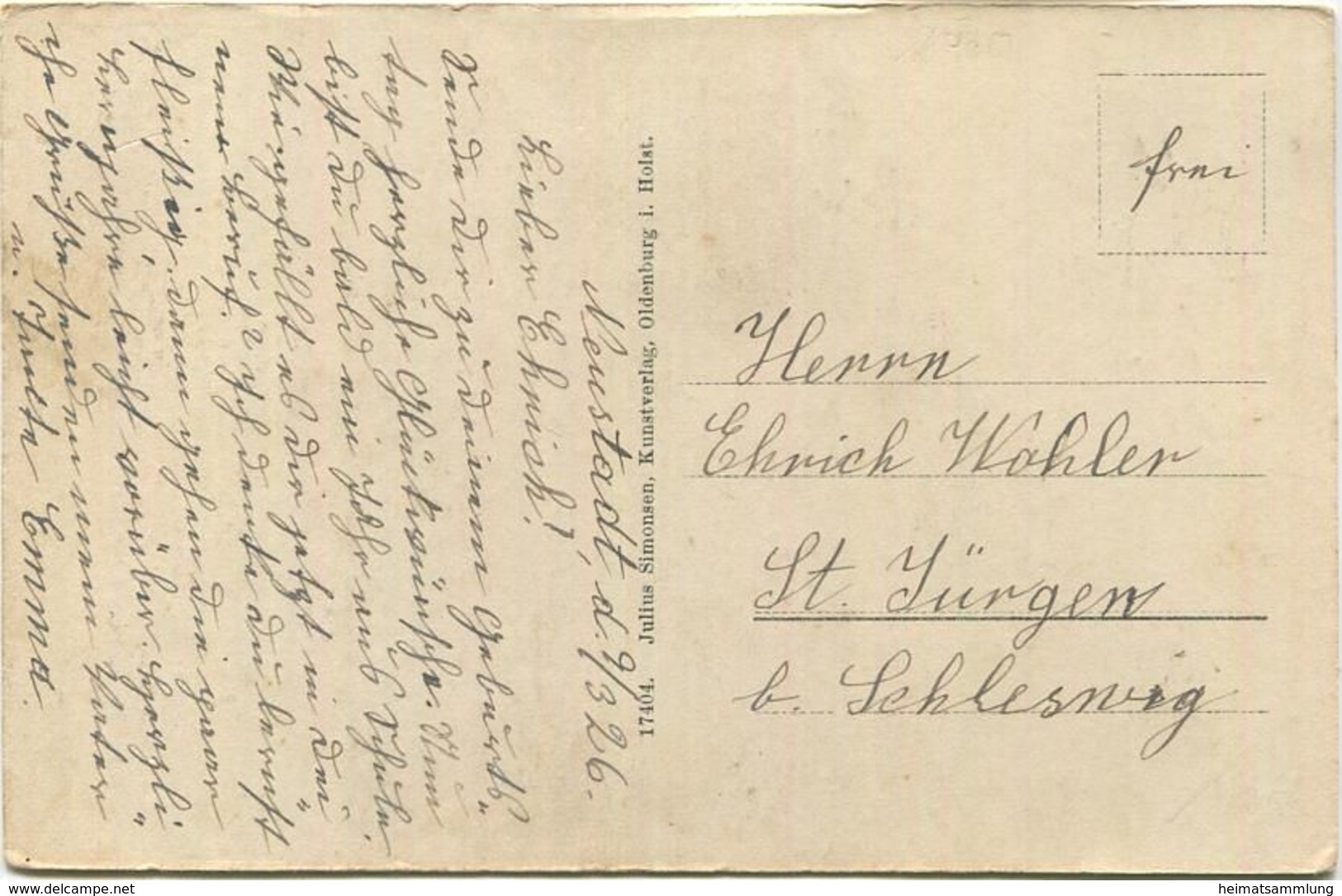 Neustadt In Holstein - Strandhaus Eichenhain - Verlag Julius Simonsen Oldenburg - Rückseite Beschrieben 1926 - Neustadt (Holstein)