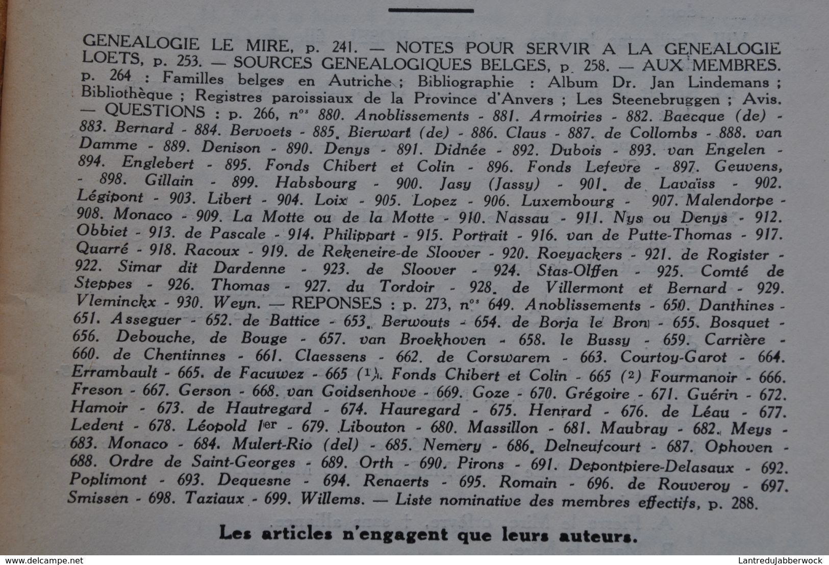 L' INTERMEDIAIRE DES GENEALOGISTES 42 1952 Généalogie Héraldique LE MIRE LOETS Sources Généalogiques Belges - Histoire