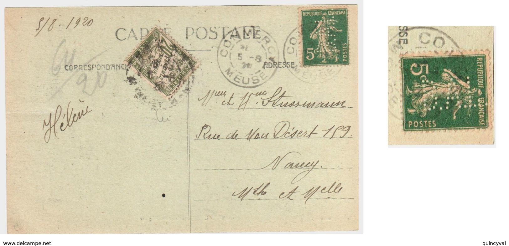 COMMERCY Meuse Carte Postale Intérieure église 5c Semeuse Yv 137 T 31 PERFORE B A L Banque Alsace Lor Taxe 20c Banderole - Briefe U. Dokumente