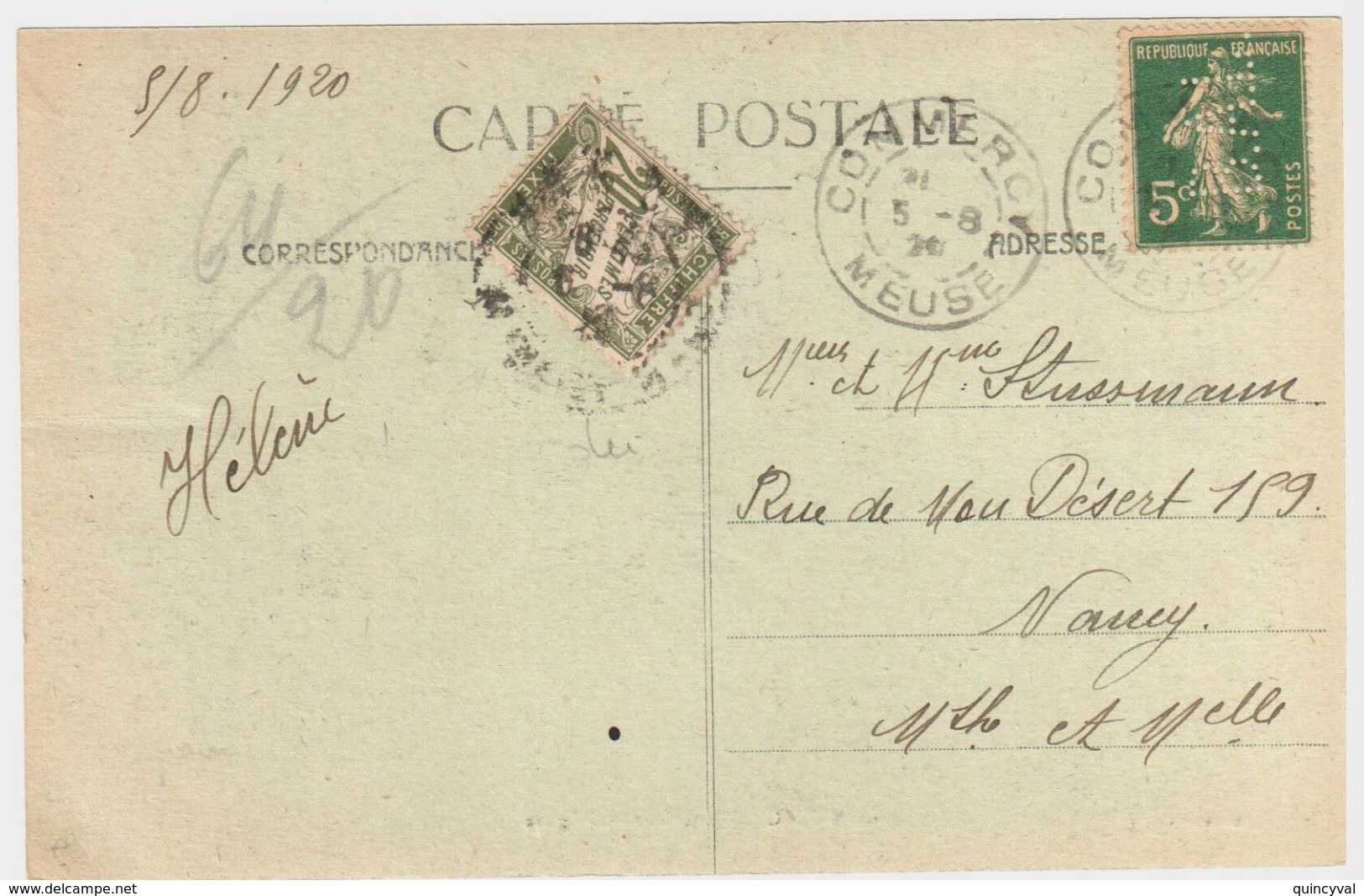 COMMERCY Meuse Carte Postale Intérieure église 5c Semeuse Yv 137 T 31 PERFORE B A L Banque Alsace Lor Taxe 20c Banderole - Covers & Documents