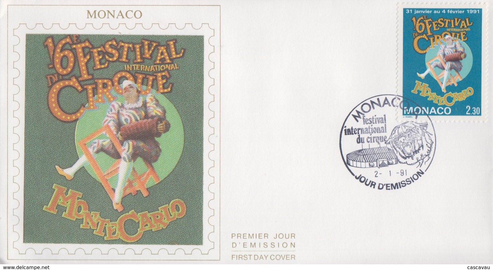 Enveloppe  FDC  1er  Jour   MONACO    16éme  FESTIVAL  INTERNATIONAL  Du  CIRQUE   1991 - Cirque