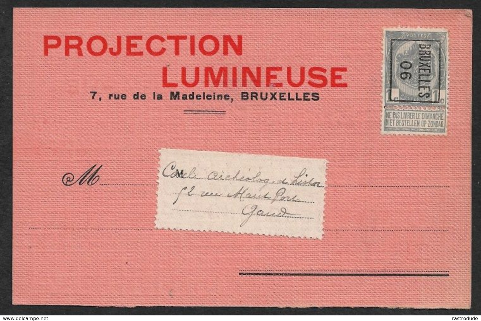 1906 BELGIQUE - PRÉOBLITÉRÉ 1C A GAND  - IMPRIMÉ  PUBLICITÉ PROJECTION LUMINEUSE , PHOTOGRAPHIE, PHONOGRAPHES - Roulettes 1900-09